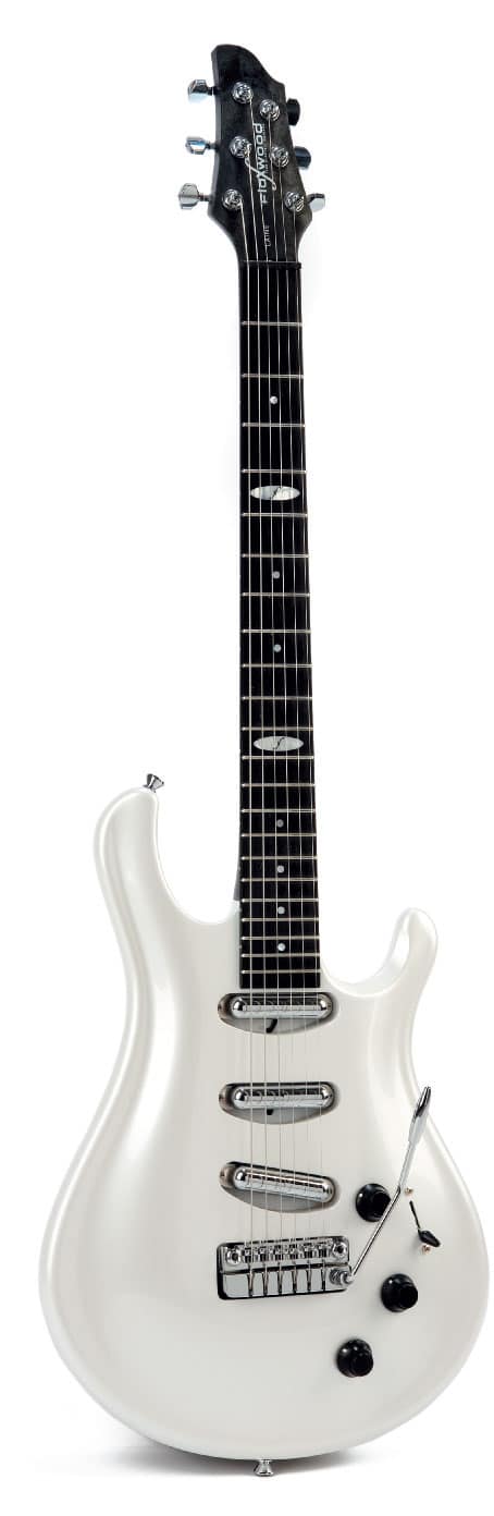 E-Gitarre von Flaxwood, weiß, stehend