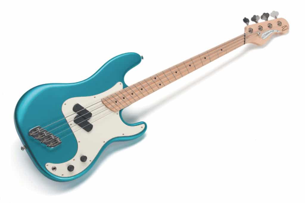 E-Bass von Dingwall, blau-weiß, liegend