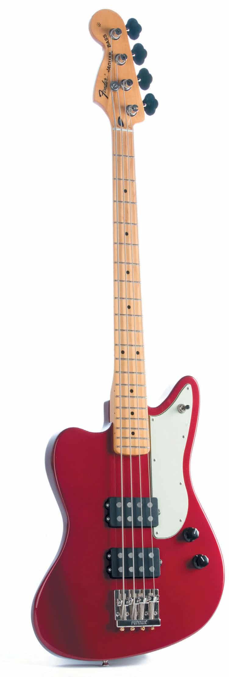 E-Bass von Fender in Linkshänder-Optik, rot, stehend