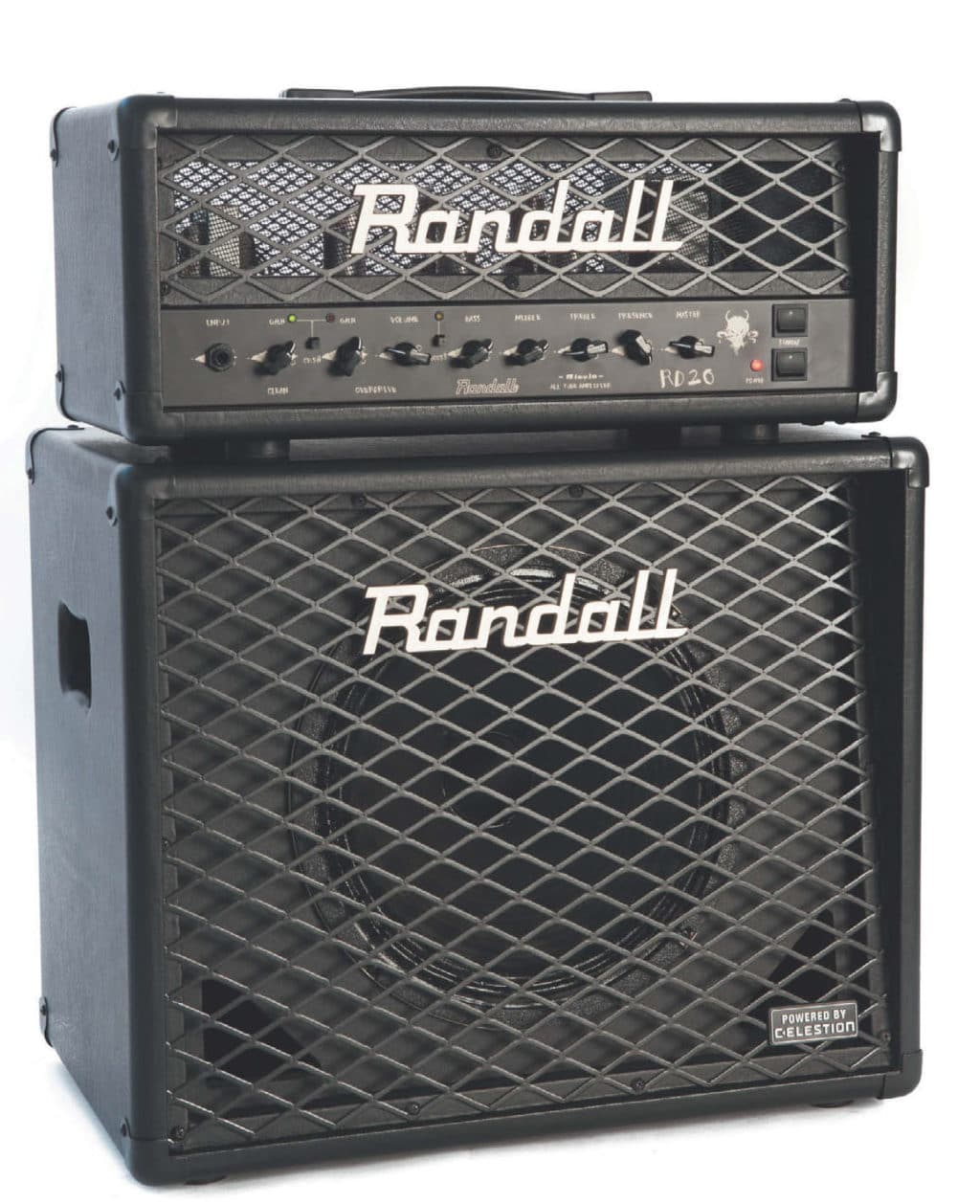 E-Gitarren-Verstärker, Topteil und Lautsprecher von Randall, schwarz