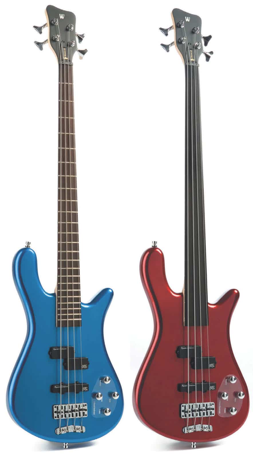 Zwei E-Bässe, fretted bzw. fretless, von Rockbass, stehend