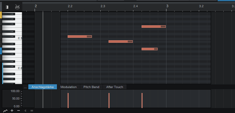 In der Pianoroll lassen sich Töne in einem Rhythmus-Raster anordnen. Wenn ein Drum-Plug-in geladen ist, spielt die Länge der einzelnen Anschläge keine Rolle.